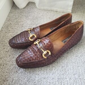 Sesto Meucci Brown Woven Loafers with Gold Accents